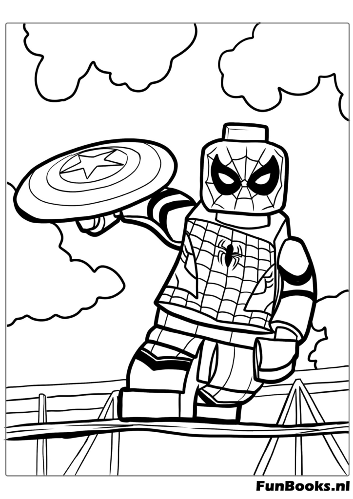 LEGO minifiguur Spider-Man houdt het schild van Captain America vast kleurplaat