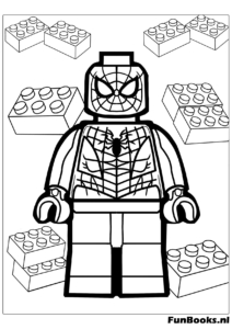 Une minifigurine géante LEGO Spider-Man debout avec des briques en arrière-plan coloriage