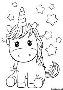 Douce licorne assise regardant vers l'avant entourée d'étoiles scintillantes coloriage