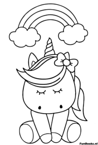 Mignonne licorne assise paisiblement sous un grand arc-en-ciel avec des nuages coloriage