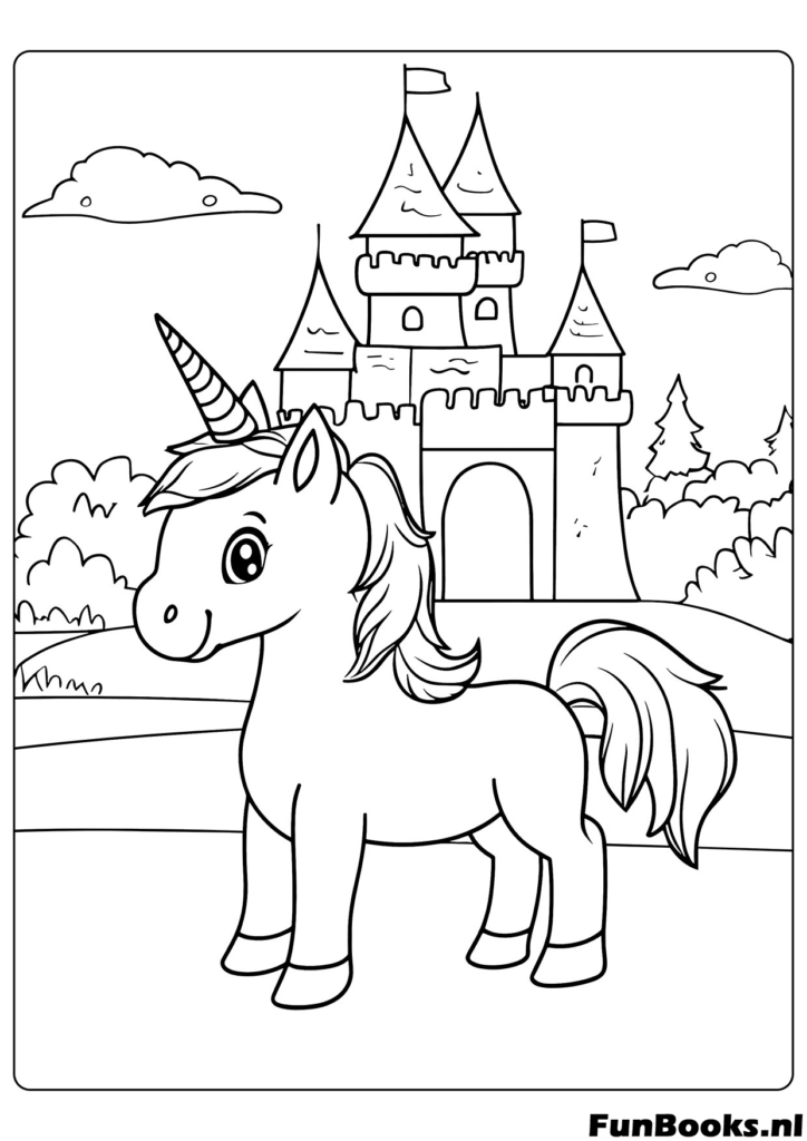Licorne debout devant un royaume de château de conte de fées magique coloriage