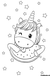 Licorne estivale mangeant une tranche de fruit de pastèque coloriage