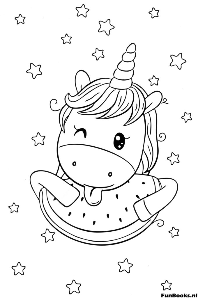 Licorne estivale mangeant une tranche de fruit de pastèque coloriage