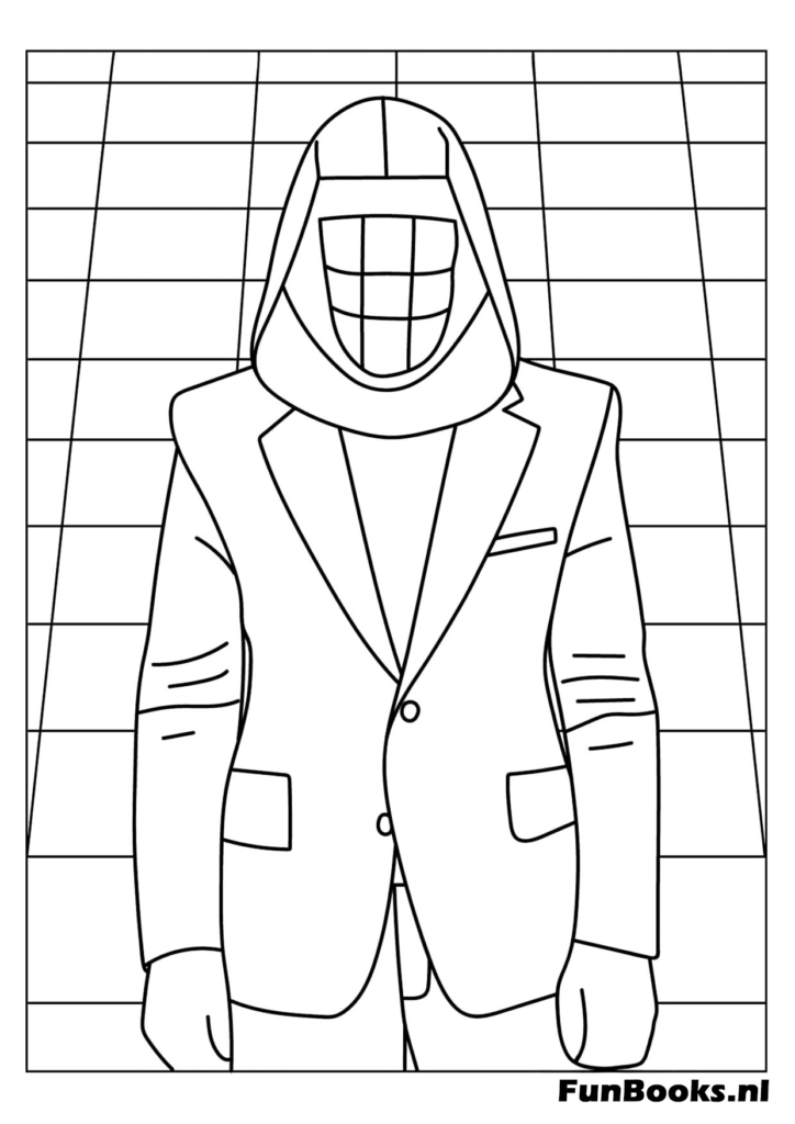 El misterioso Líder o Front Man usando su máscara geométrica negra y abrigo con capucha de pie con confianza El Juego del Calamar dibujo para colorear