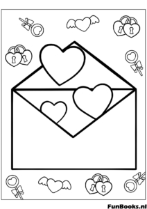 Open envelop waaruit hartjes vliegen romantische liefdesbrief kleurplaat perfect voor het sturen van een geheim bericht