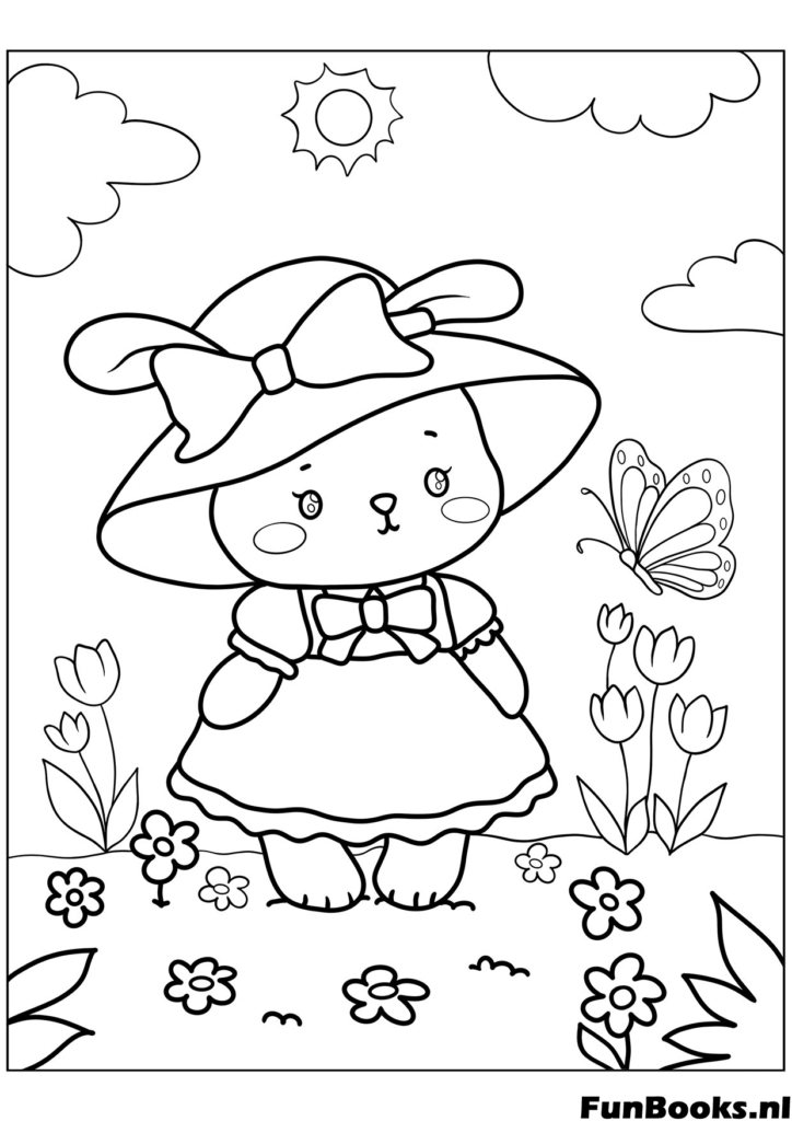 Adorable osa usando un vestido y sombrero de pie en un campo de flores dibujo para colorear