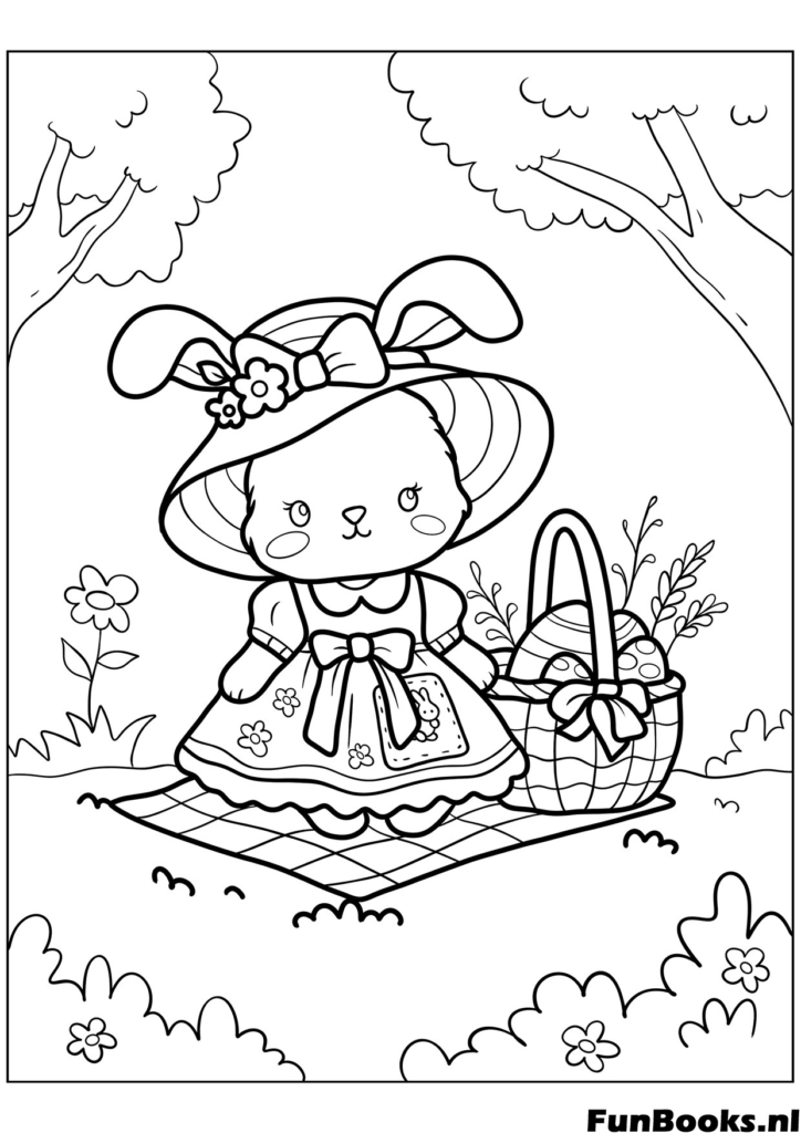 Lindo conejito teniendo un picnic con una cesta en el bosque primavera dibujo para colorear