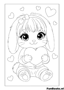 Conejito esponjoso sentado y sosteniendo un corazón dibujo para colorear de Pascua o San Valentín para amantes de animales