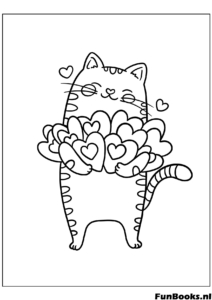 Gato kawaii de pie sobre patas traseras sosteniendo un ramo de corazones dibujo para colorear divertido para amantes de gatos