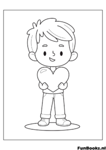 Pequeño niño de pie sosteniendo un corazón detrás de su espalda regalo sorpresa dibujo para colorear para San Valentín