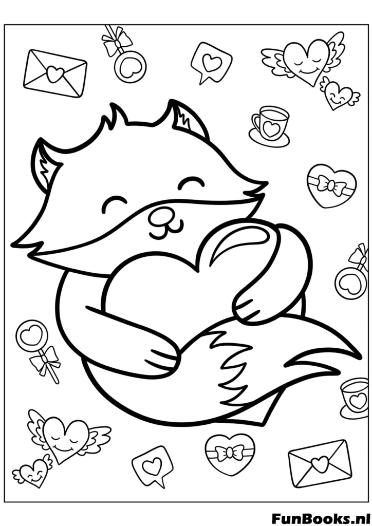 Adorable zorro sentado y abrazando un gran corazón animal del bosque amor dibujo para colorear para amantes de la naturaleza