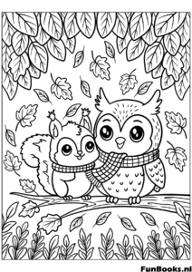 Dos adorables búhos sentados en una rama rodeados de hojas de otoño cayendo dibujo de bosque para colorear