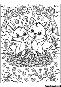 Dos lindos zorros sentados juntos en el bosque con hojas cayendo dibujo para colorear