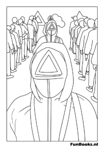 Una fila de soldados rosados de pie de espaldas al espectador mostrando sus capuchas y símbolos El Juego del Calamar dibujo para colorear