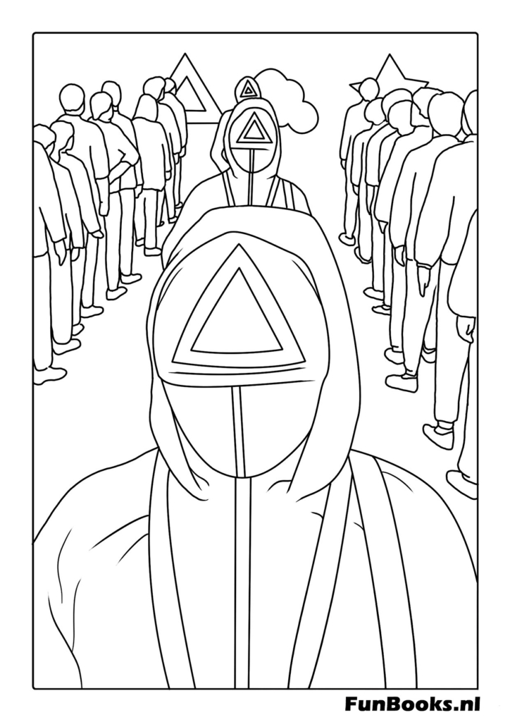 Una fila de soldados rosados de pie de espaldas al espectador mostrando sus capuchas y símbolos El Juego del Calamar dibujo para colorear