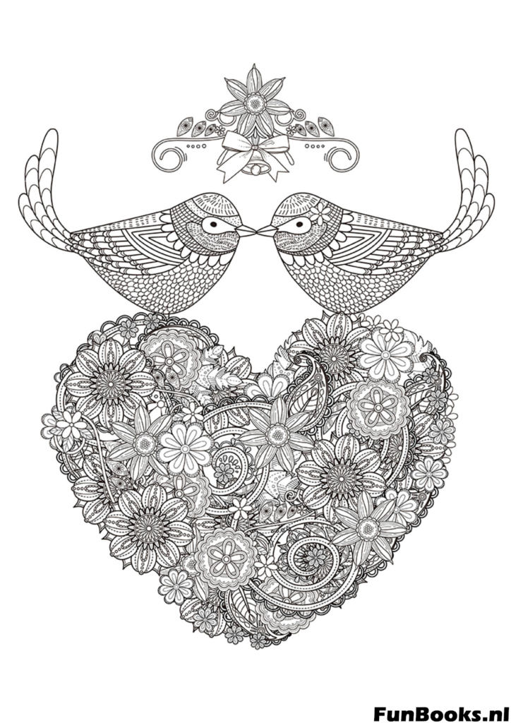 Two love birds sitting on a floral heart nest romantic coloring page for weddings or anniversaries