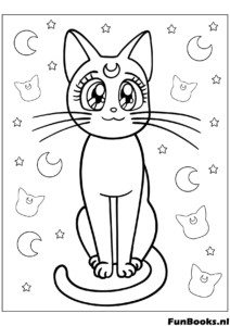Simple and cute drawing of Luna the cat sitting facing forward coloring page