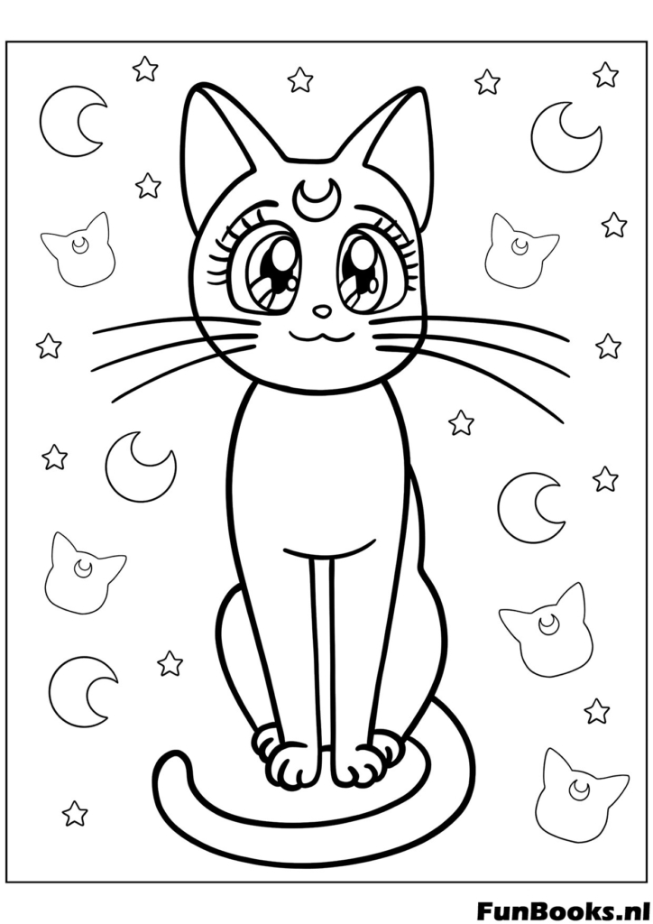 Dibujo simple y lindo de Luna la gata sentada mirando hacia adelante dibujo para colorear
