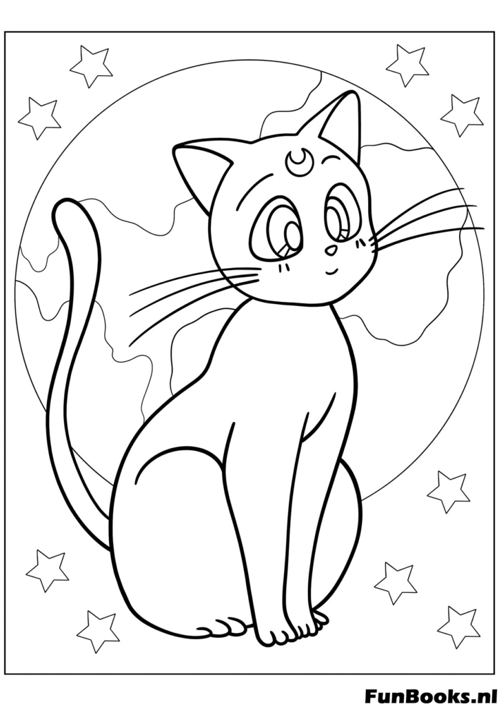 Luna le chat noir avec marque de croissant de lune sur le front assise et regardant mystérieusement coloriage