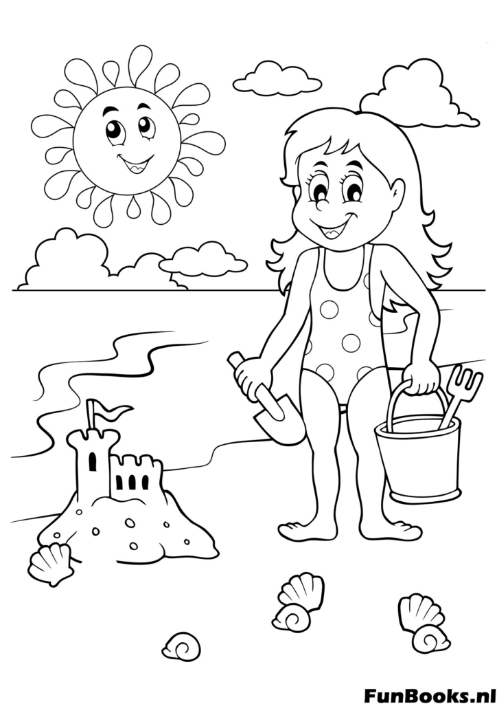 Mädchen baut eine Sandburg am Strand mit Eimer und Schaufel Ausmalbild