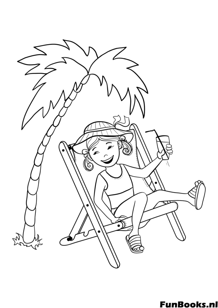 Mädchen entspannt auf einem Strandstuhl unter einer Palme trinkt Saft Ausmalbild
