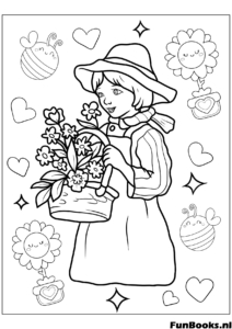 Mädchen mit Hut hält einen Korb voller frischer Frühlingsblumen Ausmalbild