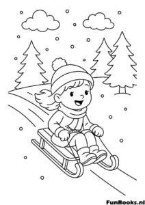 Aufgeregtes Mädchen fährt mit einem Schlitten einen verschneiten Hang hinunter schneller Winterspaß Ausmalbild