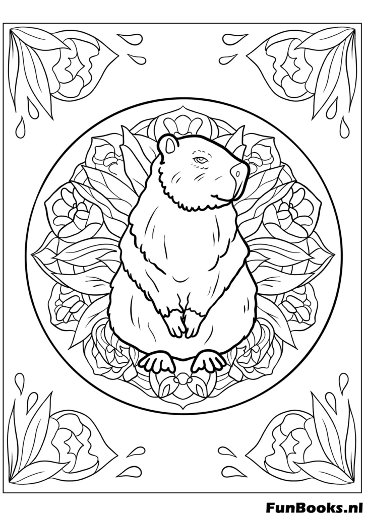 Capybara portrait in floral mandala coloring page