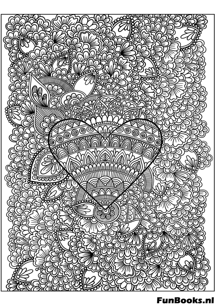 Cœur complexe rempli de bijoux et motifs coloriage pleine conscience pour adultes art thérapie