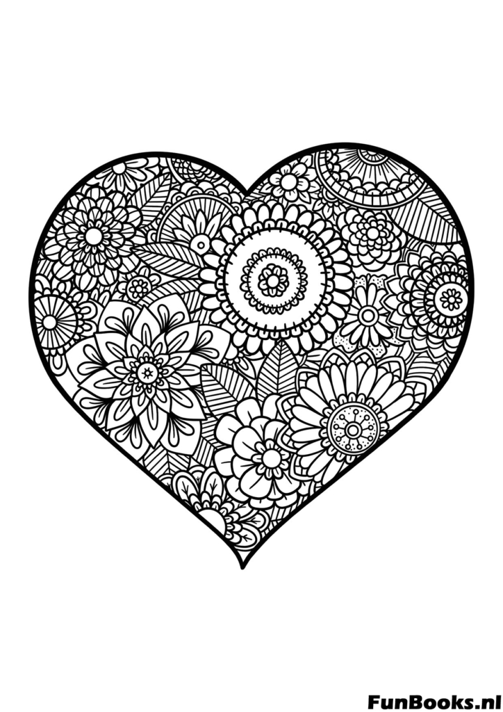 Mandala floral detallado dentro de una forma de corazón dibujo para colorear antiestrés para adultos