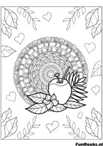 Diseño de mandala con frutas de verano como manzanas y hojas dibujo saludable para colorear