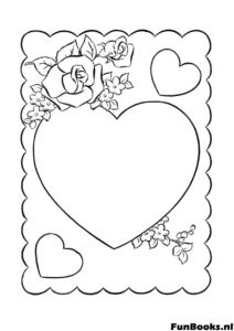 Marco romántico con rosas y un centro de corazón en blanco para escribir un mensaje dibujo para colorear para enamorados