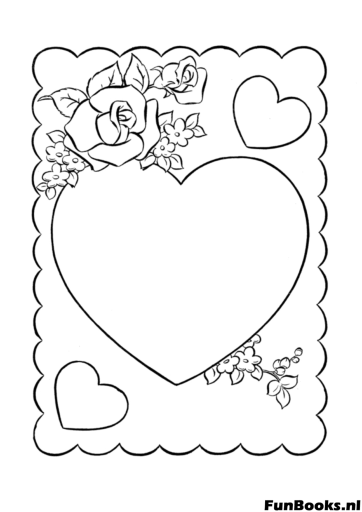 Marco romántico con rosas y un centro de corazón en blanco para escribir un mensaje dibujo para colorear para enamorados