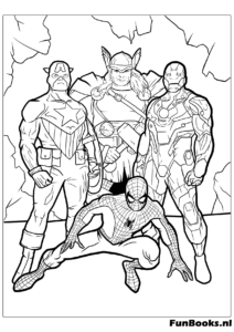 Group of heroes including Spider-Man Captain America Iron Man and Thor coloring page