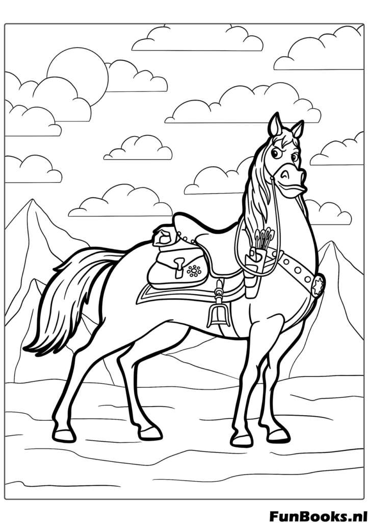 Maximus el valiente caballo de la guardia real de Enredados de pie con orgullo en un paisaje forestal dibujo para colorear para niños