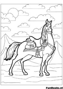 Maximus le courageux cheval de la garde royale de Raiponce debout fièrement dans un paysage forestier coloriage pour enfants