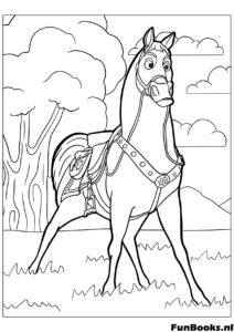 Nahaufnahme von Maximus dem weißen Pferd das breit lächelt und glücklich aussieht lustiges Disney Charakter Ausmalbild