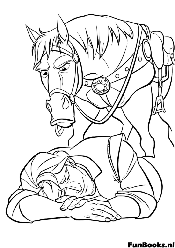 Lustige Szene von Maximus dem Pferd das an einem verängstigten Flynn Rider am Boden schnüffelt Verfolgungsszene Ausmalbild