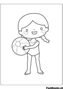 Schattig meisje in badpak houdt een strandbal vast klaar om te spelen zomerpret kleurplaat