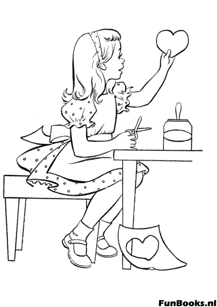Meisje zit aan een tafel en maakt Valentijnsdag kaarten en knutsels kleurplaat