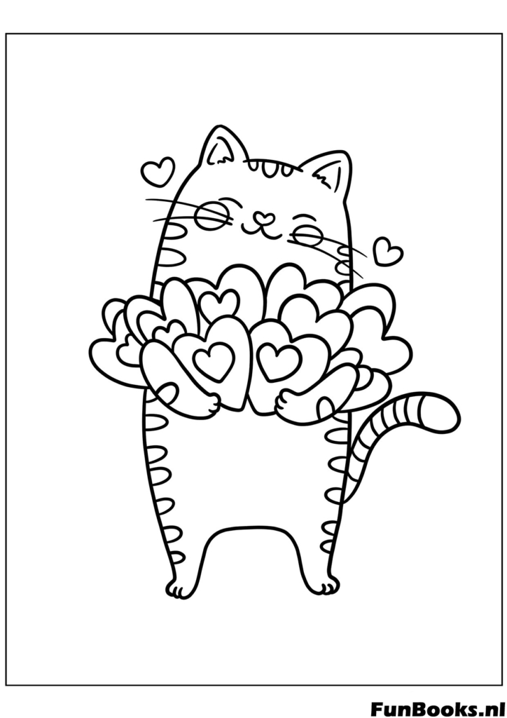 Chat kawaii debout sur les pattes arrière tenant un bouquet de cœurs coloriage animal drôle pour amoureux des chats