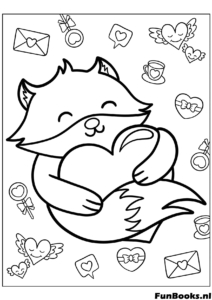 Adorable renard assis et faisant un câlin à un gros cœur animal de la forêt amour coloriage pour amoureux de la nature
