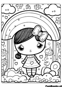 Douce fille debout sous un arc-en-ciel avec des fleurs pluie d'été coloriage