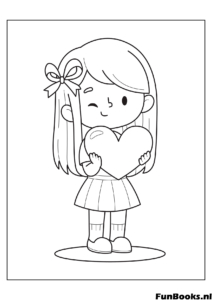 Douce petite fille tenant timidement un grand cadeau cœur coloriage Saint-Valentin pour enfants pour exprimer l'affection