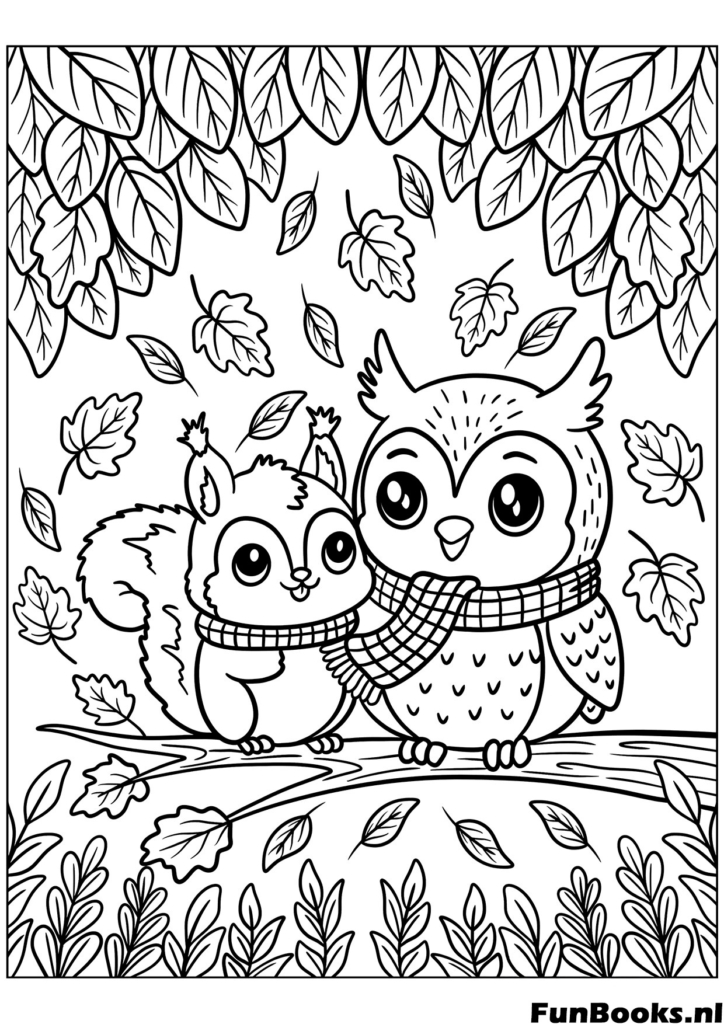 Deux adorables hiboux assis sur une branche entourés de feuilles d'automne tombantes forêt coloriage