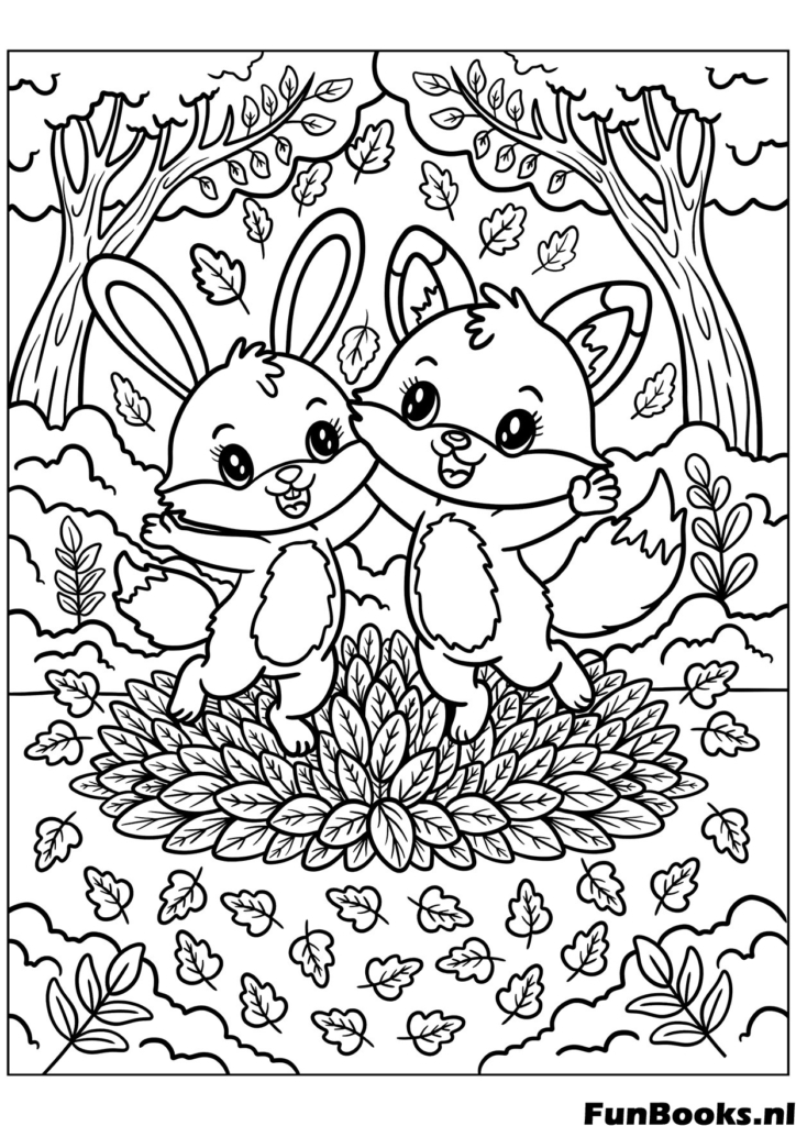 Deux mignons renards assis ensemble dans les bois avec des feuilles tombantes coloriage