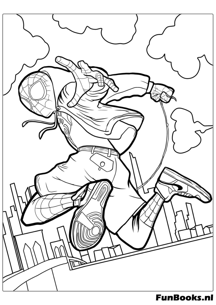Miles Morales usando su sudadera y pantalones cortos saltando sobre la ciudad dibujo para colorear