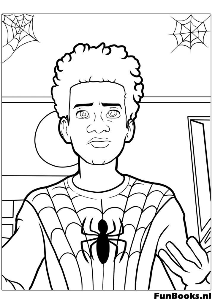 Close-up van Miles Morales in zijn Spider-Man pak zonder het masker kleurplaat