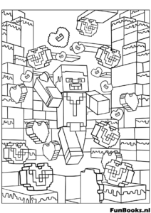 Escena inspirada en Minecraft con corazones de bloques y paisaje dibujo para colorear de juegos para niños y niñas