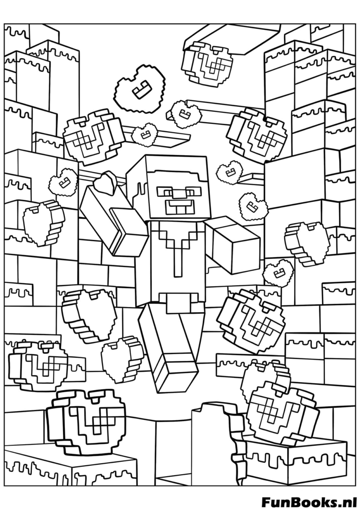 Minecraft inspired scene with blocky hearts and landscape gaming coloring page for boys and girls